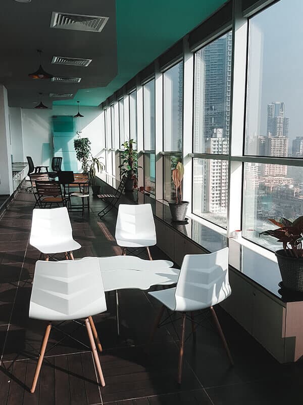 Bright lounge area with city view